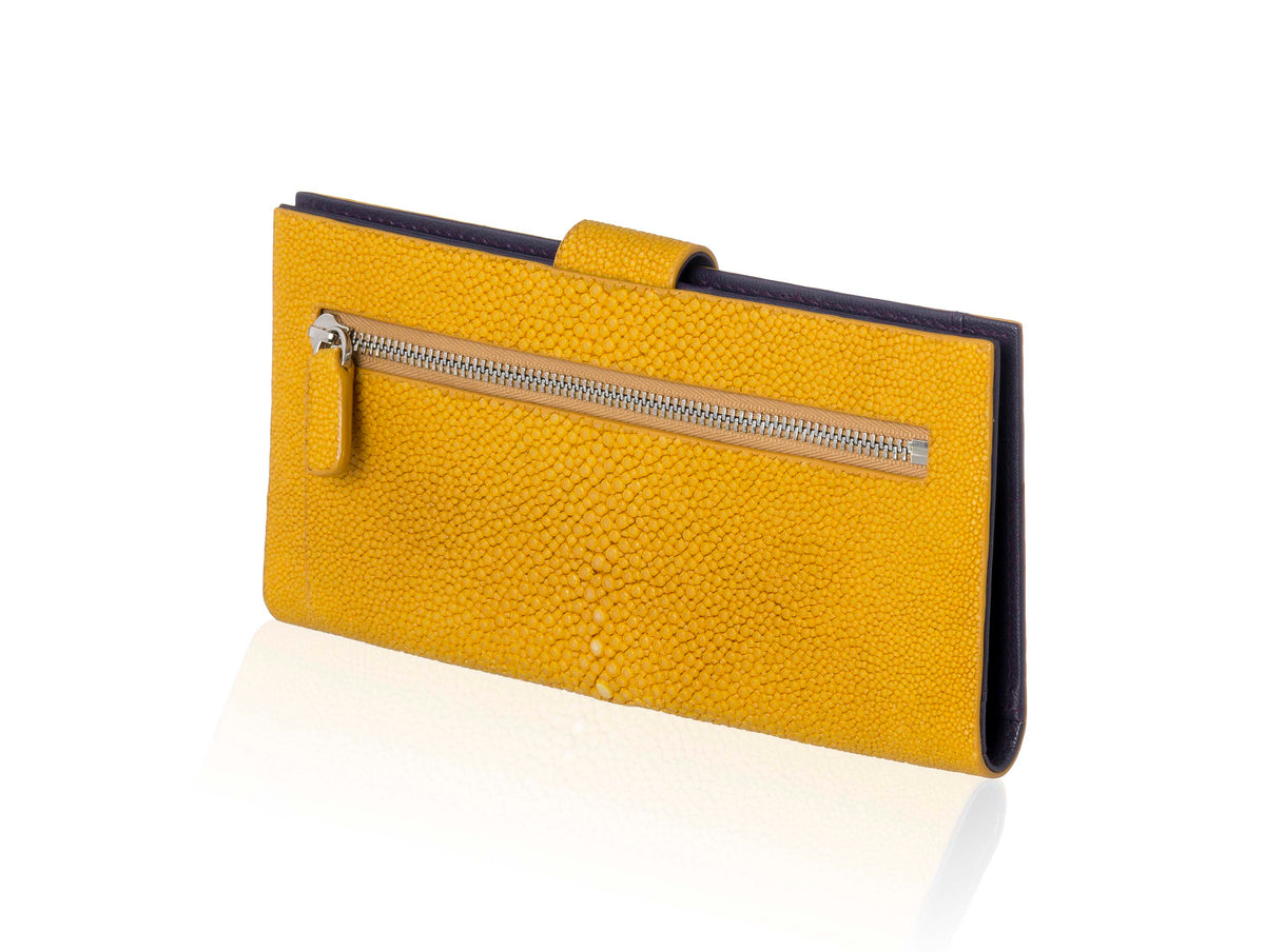 Wallet in Blue Textured Leather with Yellow Interior – Sazingg