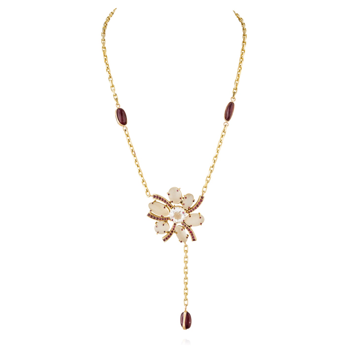 14K Yellow Gold Necklace with Ruby, Moonstone, & Quartz