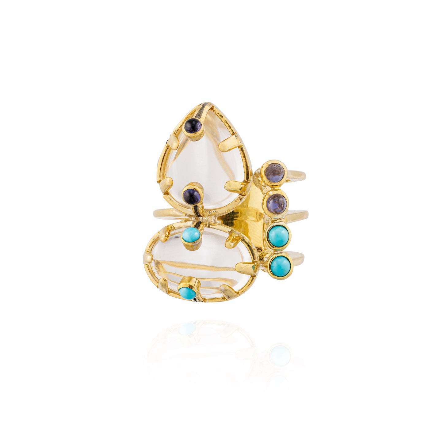 925 Silver Ring with White Quartz, Turquoise, & Iolite